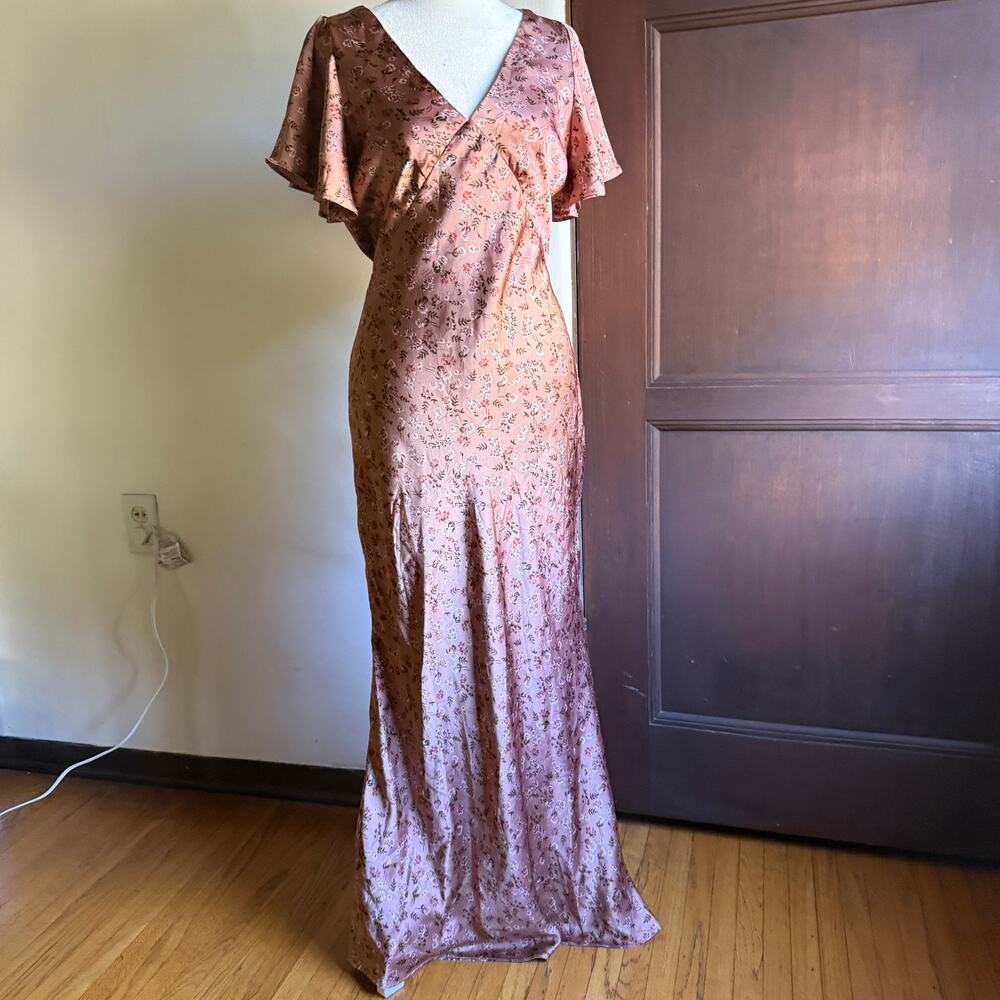 Lilyful | Dusty Rose champagne Floral 1920s Style Bias Cut Dress Small Flutter